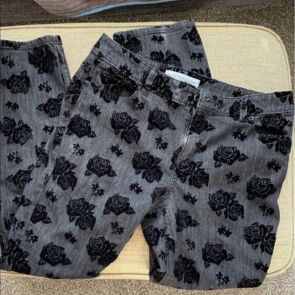 Chico’s Platinum black velvet rose jeans